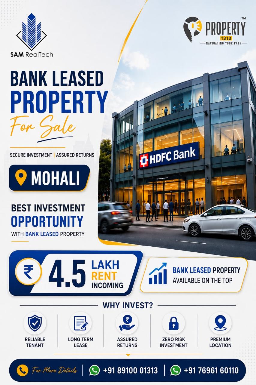 Bank-leased property for sale in Mohali — offer poster: ₹4.5 lakh rent incoming; pictured with HDFC Bank signage