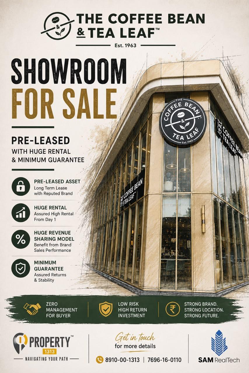 Coffee Bean & Tea Leaf pre-leased showroom for sale — offer poster: long-term lease, revenue-sharing model; a corner showroom