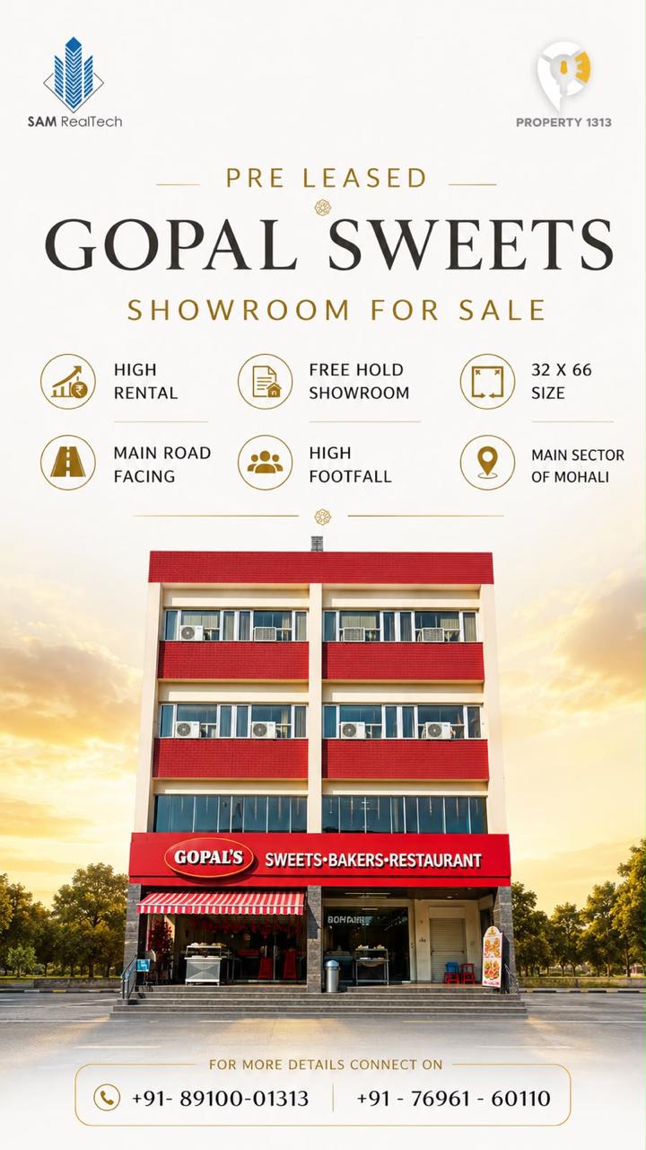 Gopal Sweets pre-leased showroom for sale in Mohali — offer poster: freehold showroom, main road facing, size 32 x 66
