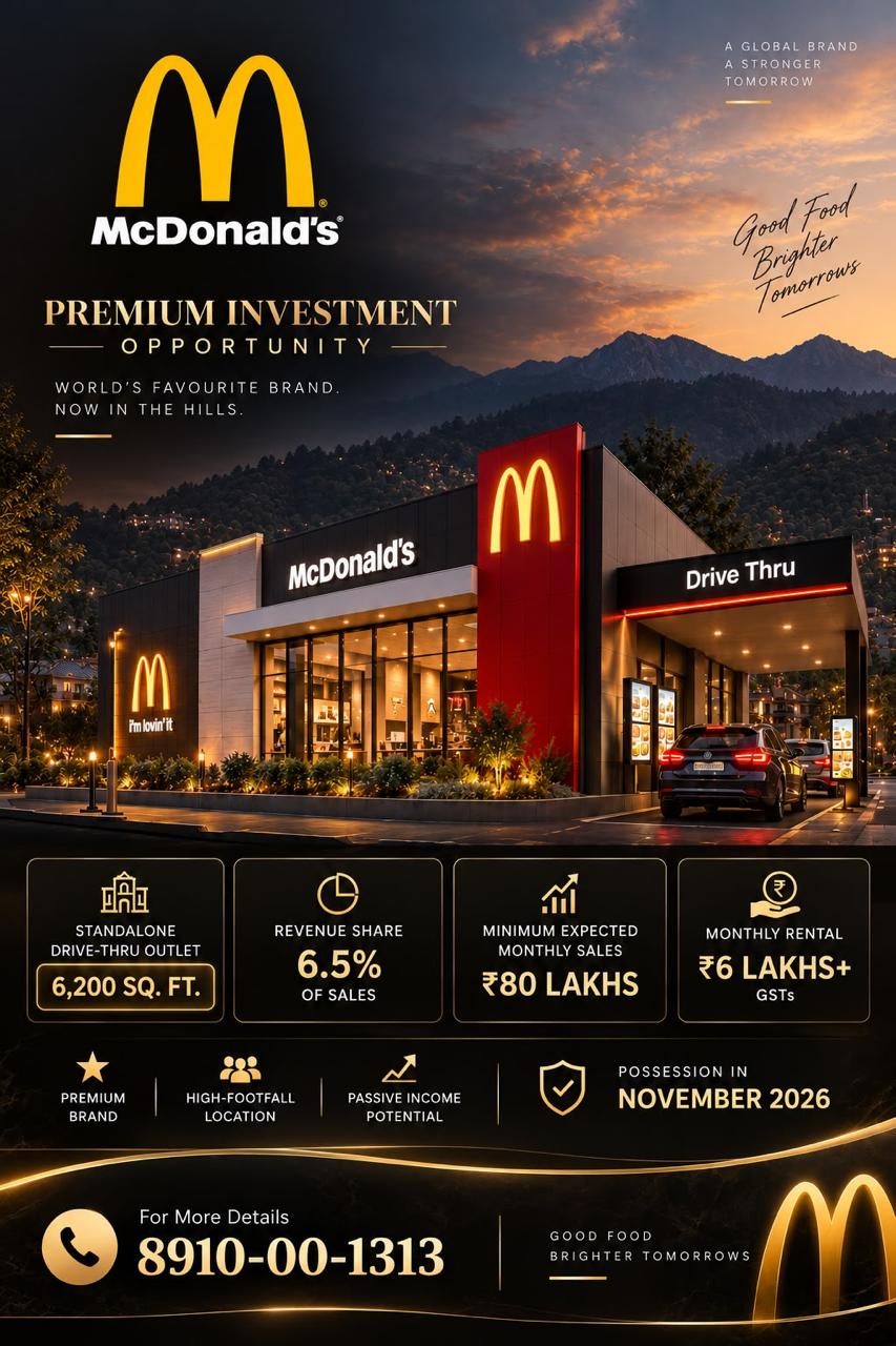 McDonald’s drive-thru outlet, 6,200 sq. ft. — offer poster: revenue share 6.5% of sales, monthly rental ₹6 lakhs + GST