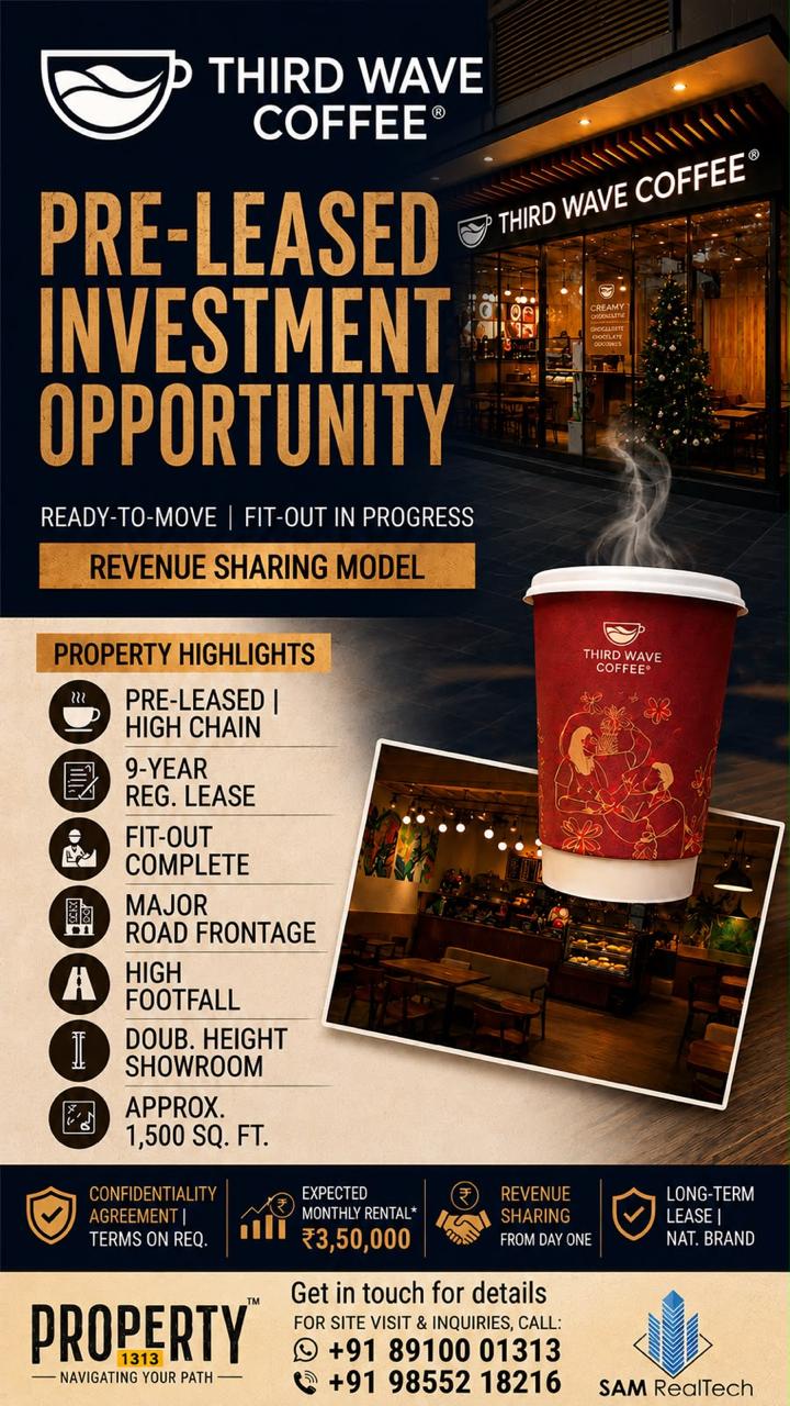 Third Wave Coffee pre-leased showroom — offer poster: revenue sharing, approx. 1,500 sq. ft., expected monthly rental ₹3,50,000