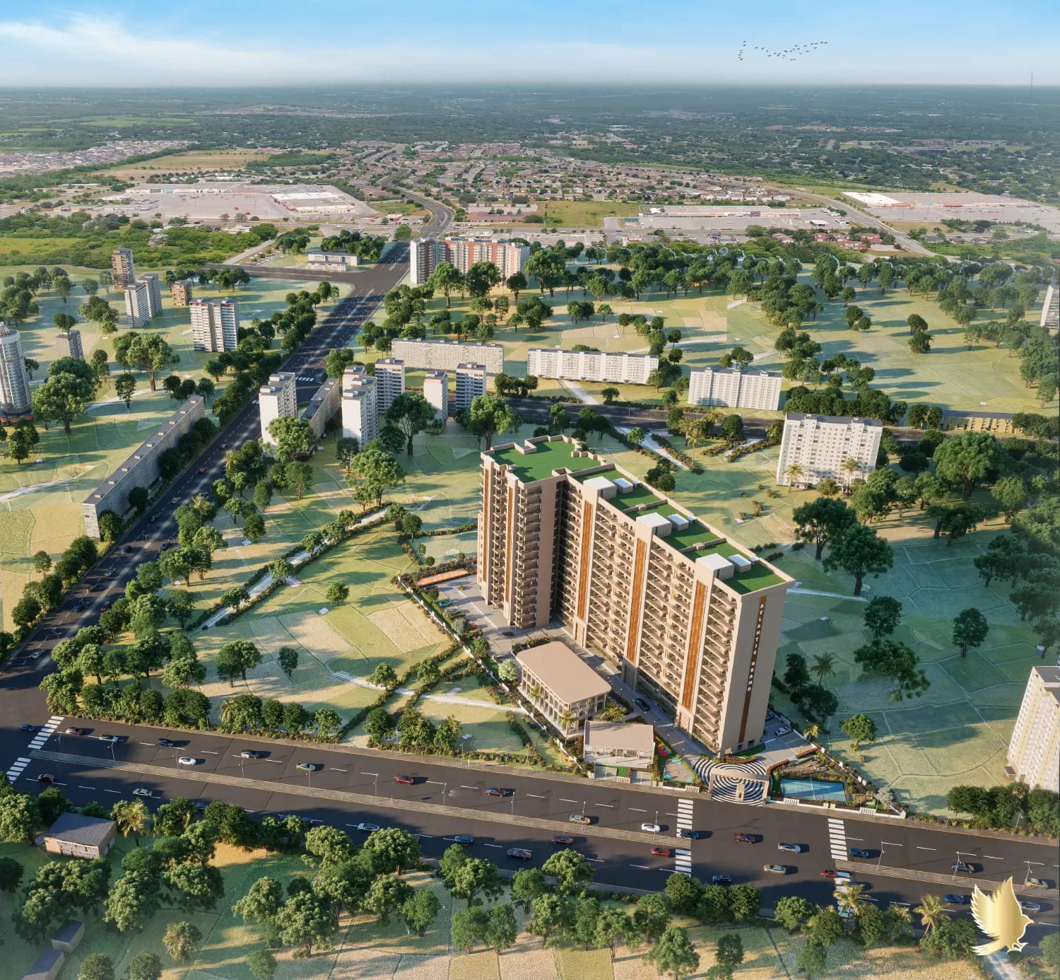 Aerial render of the Atlantis Grand tower block in Zirakpur beside the main road, with green rooftops, clubhouse and entrance plaza.