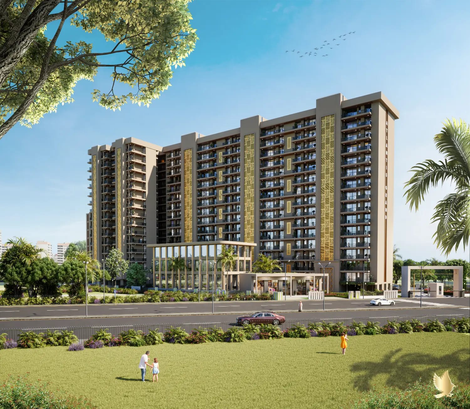 Daytime render of Atlantis Grand, Zirakpur, seen from across the road with the towers, clubhouse, retail frontage and entrance gate.