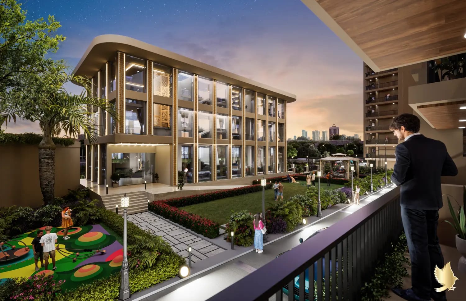 Dusk render of the three-storey glass clubhouse at Atlantis Grand, Zirakpur, overlooking the lawn, gazebo and play area.