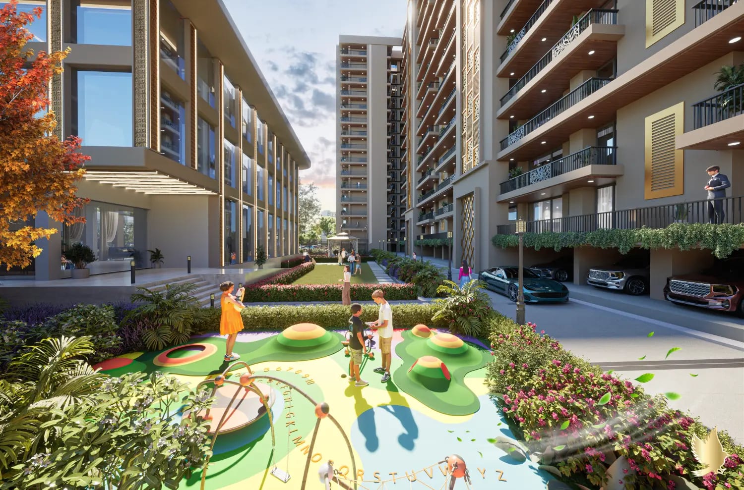 Render of the landscaped courtyard at Atlantis Grand, Zirakpur, with a children's play area, lawn and gazebo between the clubhouse and towers.