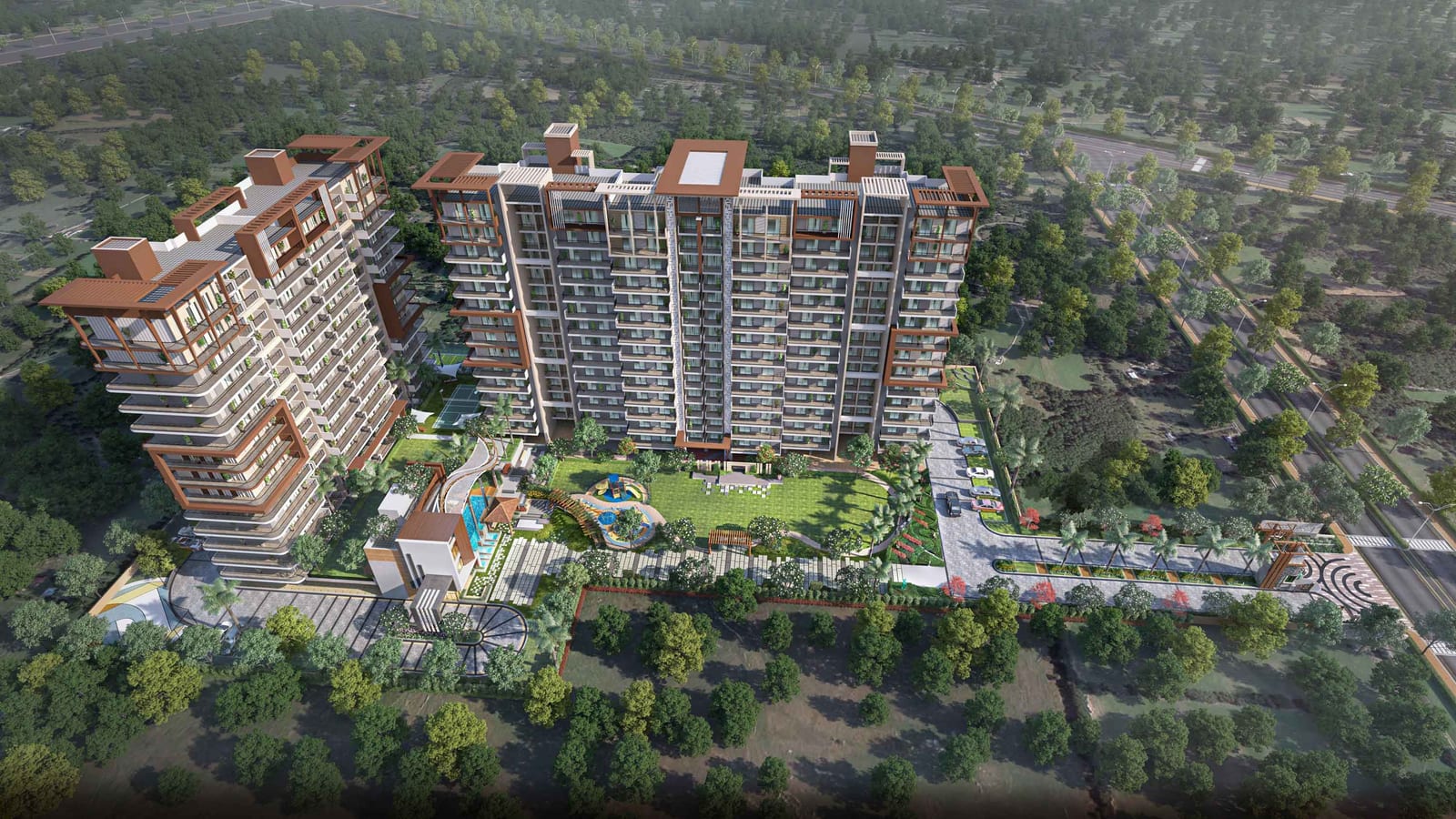 Aerial artist's impression of Aura Gazania showing the towers around a central lawn, play area, clubhouse with pool, sports court and entry gate.