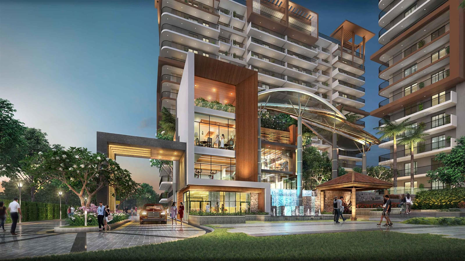 Evening artist's impression of the glass-fronted clubhouse at Aura Gazania with its curved canopy, water feature and gazebo below the towers.
