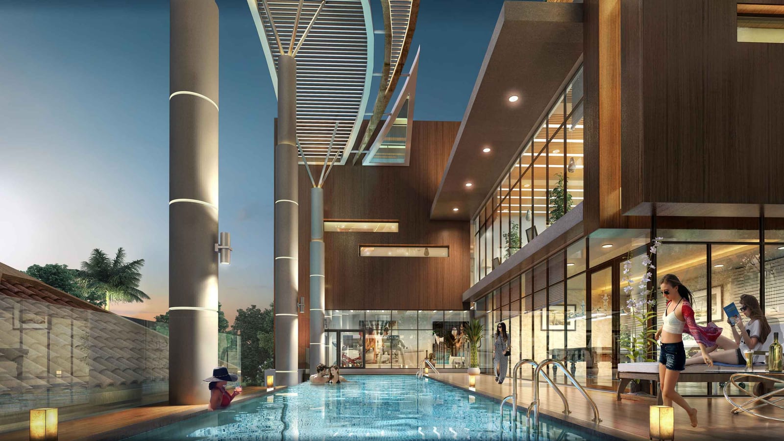 Dusk artist's impression of the swimming pool and deck beside the clubhouse and gym at Aura Gazania.
