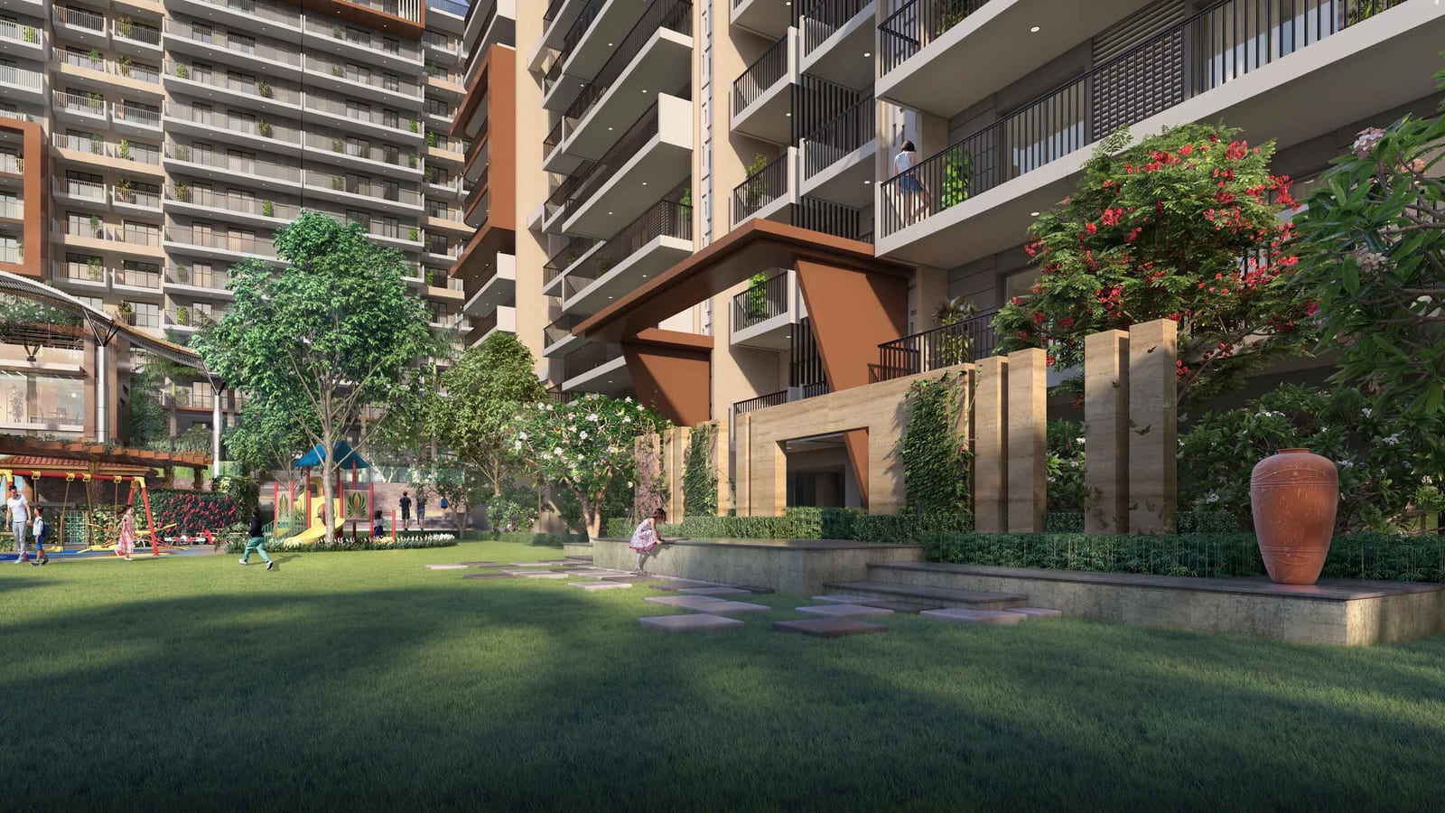 Artist's impression of the central lawn and children's play area at the foot of the Aura Gazania towers.