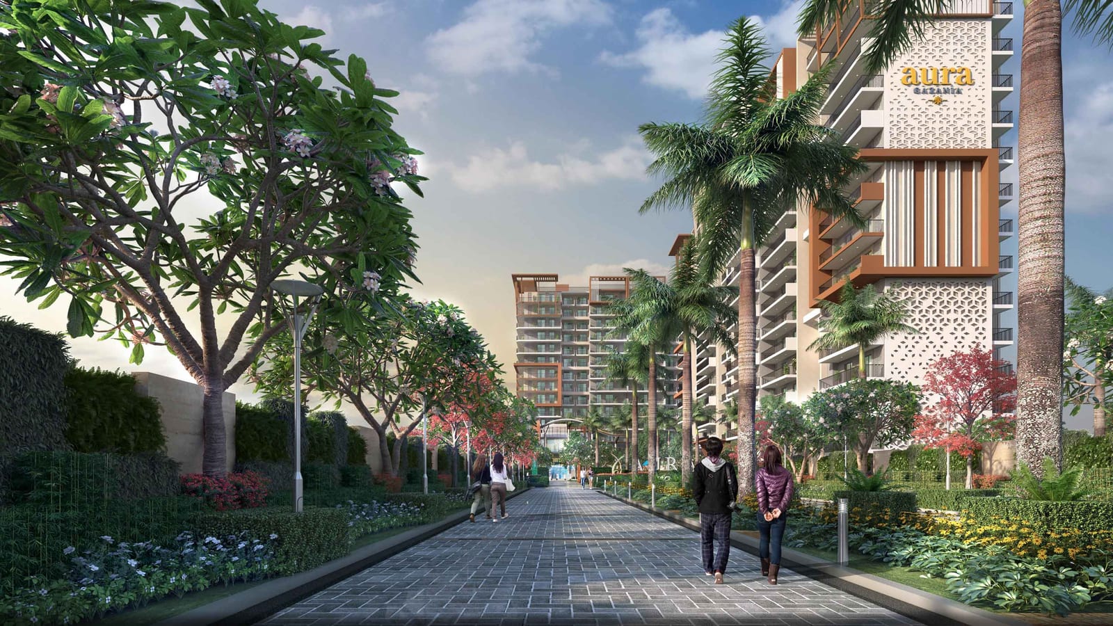 Artist's impression of the paved, tree-lined entrance driveway at Aura Gazania with a tower carrying the project sign on the right.