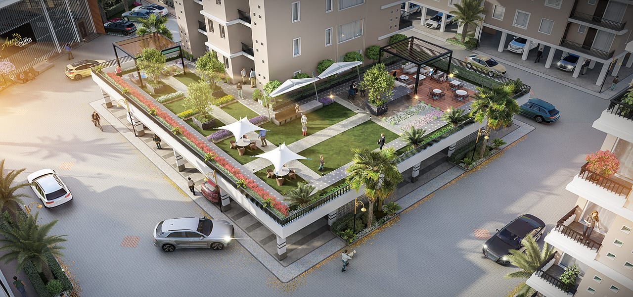 Aerial render of the landscaped podium garden and seating deck beside the Aura Club at Aura Homes, Zirakpur.