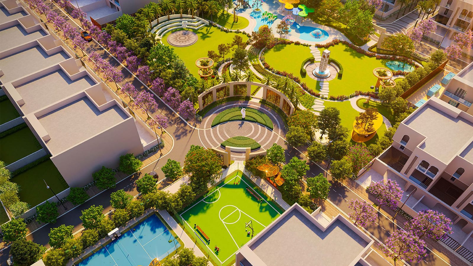 Aerial artist's impression of the central park at Central Vista, Trident Hills, with lawns, a clock tower, play areas and courts between rows of houses