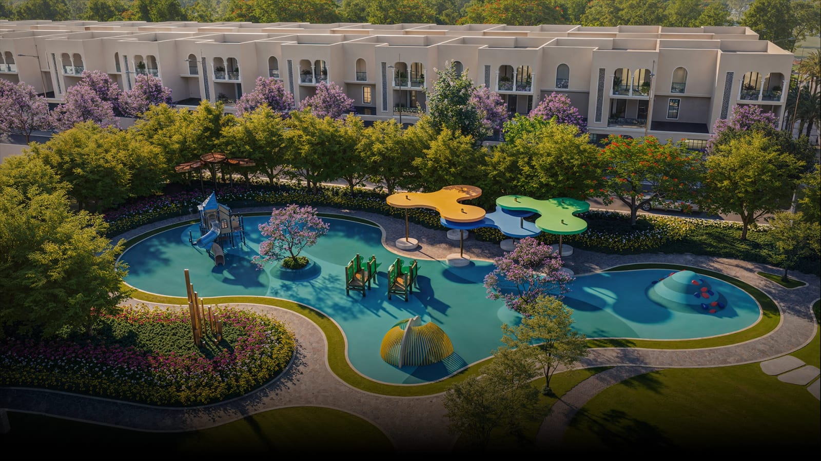 Artist's impression of a kids' play area with water-themed play surfaces in front of houses at Central Vista, Trident Hills, Panchkula