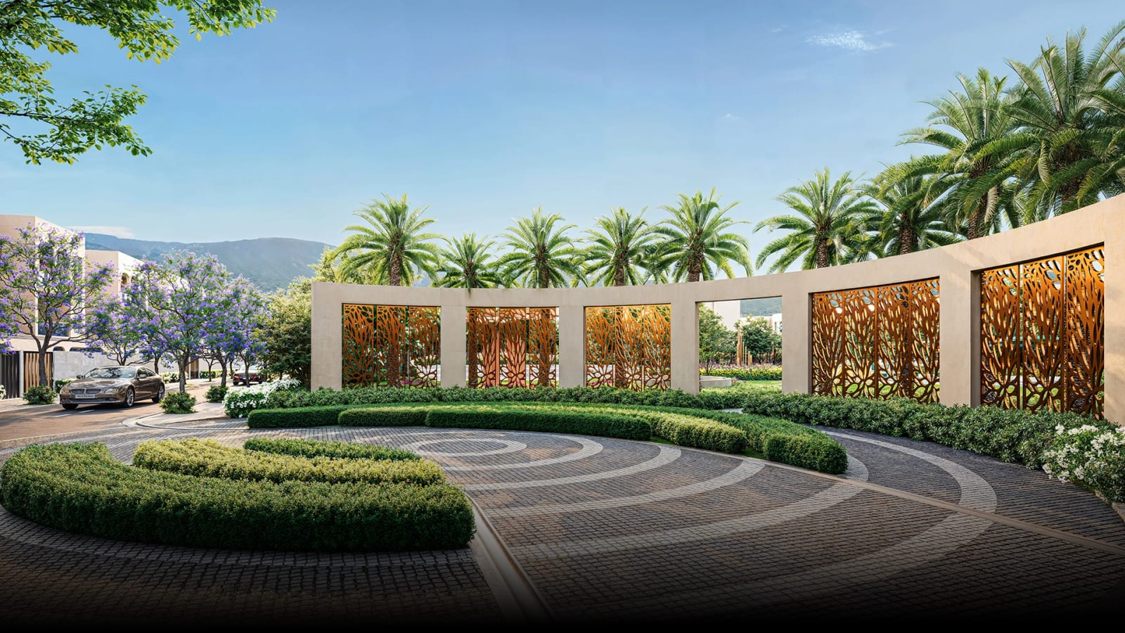 Artist's impression of a curved screen wall with a sculpture and landscaped circle at Central Vista, Trident Hills, Panchkula