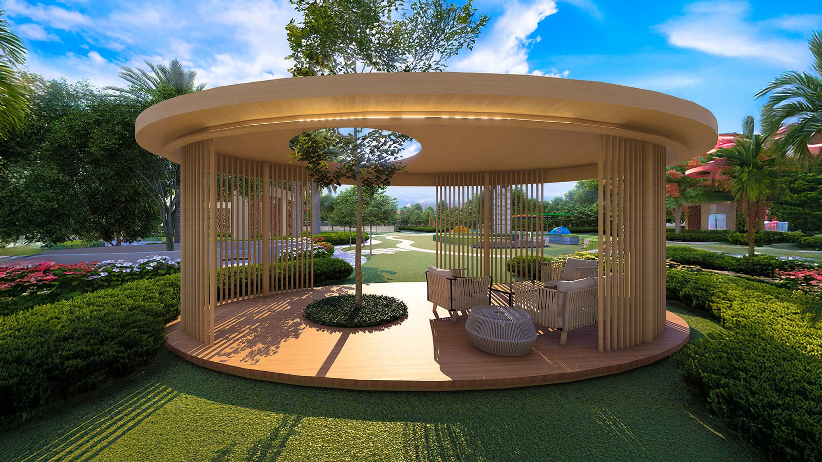 Artist's impression of a round wooden pavilion with seating in a garden at Central Vista, Trident Hills, Panchkula