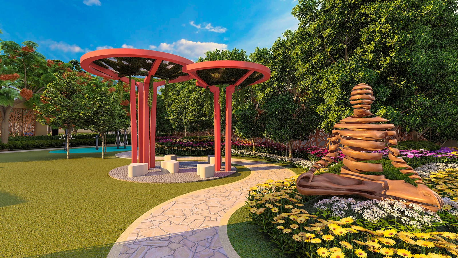 Artist's impression of a garden path with red canopy pergolas and a seated-figure sculpture among flower beds at Central Vista, Trident Hills