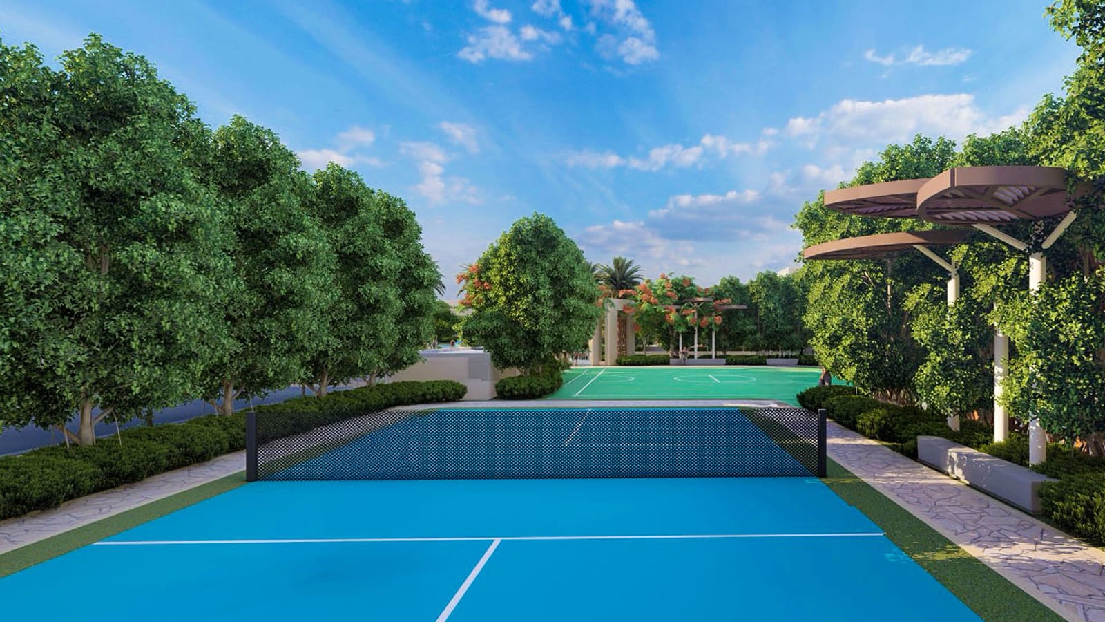 Artist's impression of a sports court lined with trees and pergolas at Central Vista, Trident Hills, Panchkula
