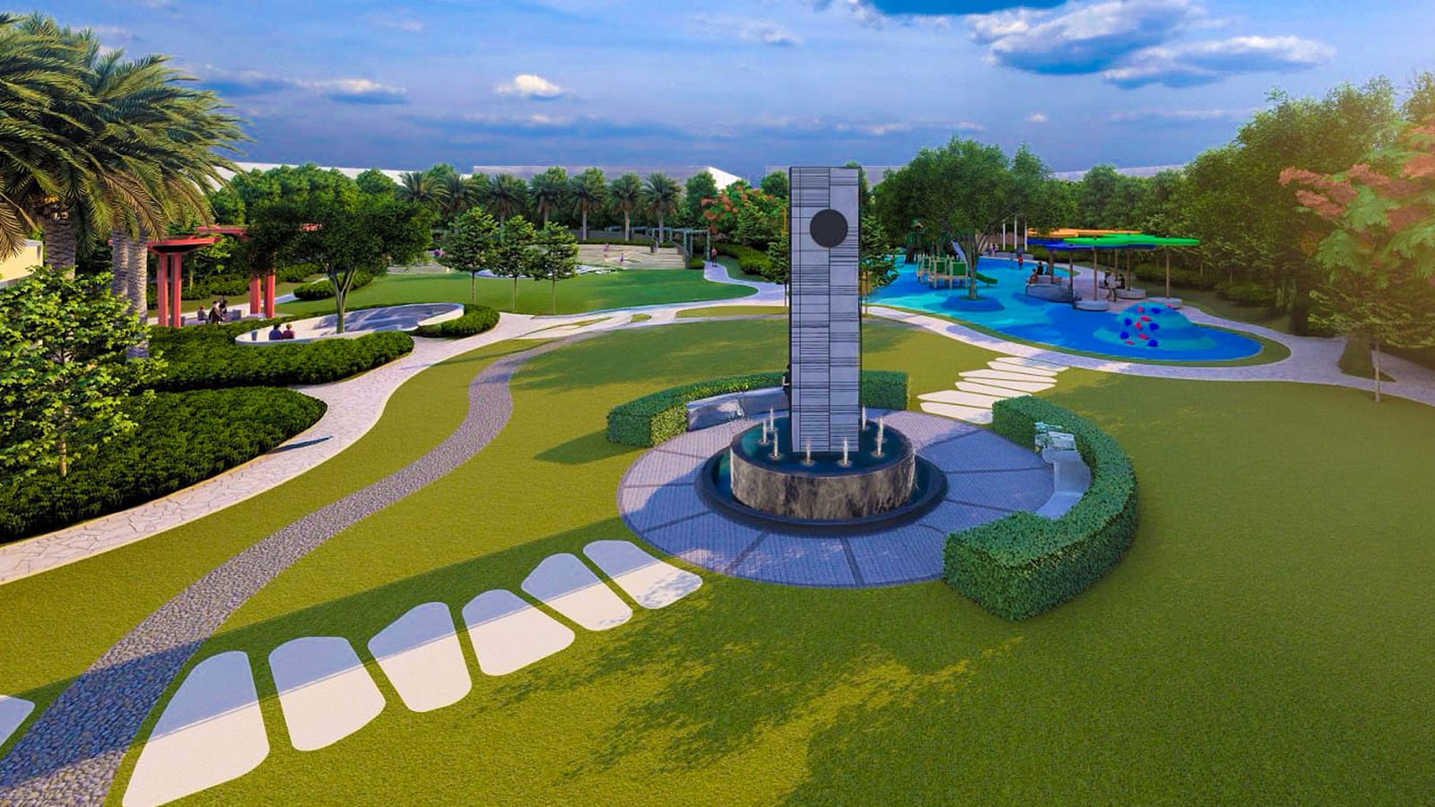 Artist's impression of a park with a clock tower, curving paths and a play area at Central Vista, Trident Hills, Panchkula