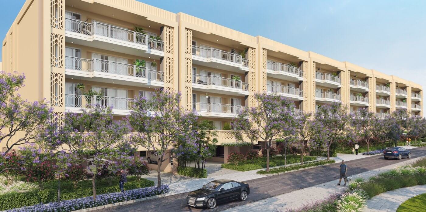 Artist's impression of a four-floor independent-floor block at The Valley Gardens, Panchkula, with balconies along a tree-lined street