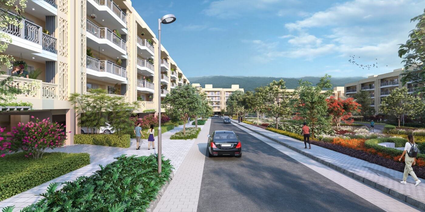 Artist's impression of a street inside The Valley Gardens, Panchkula, with footpaths, landscaped verges and low-rise blocks