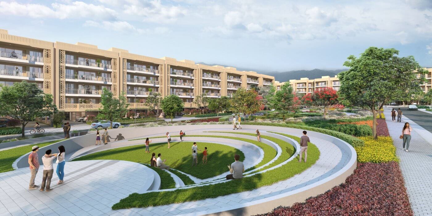Artist's impression of the sunken amphitheatre lawn at The Valley Gardens, Panchkula, with low-rise blocks around it
