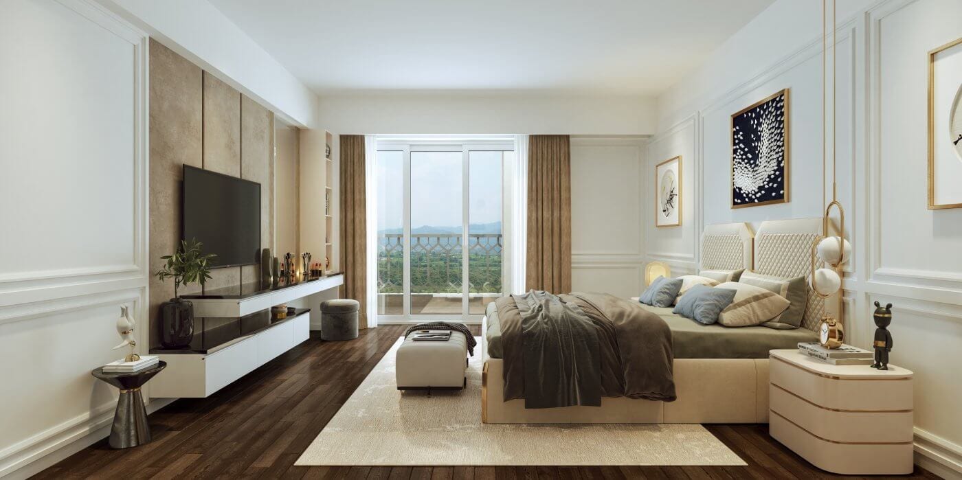 Artist's impression of a master bedroom with a balcony at The Valley Gardens, Panchkula