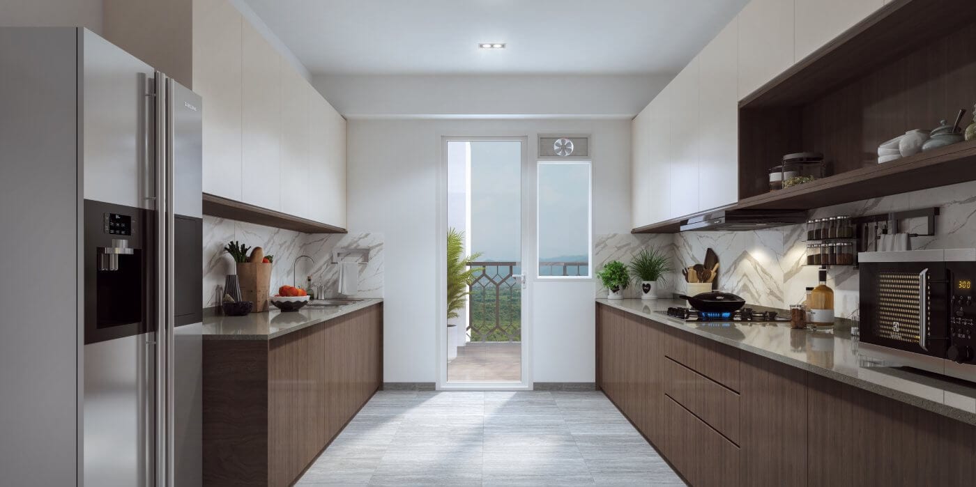 Artist's impression of a fitted modular kitchen in a home at The Valley Gardens, Panchkula