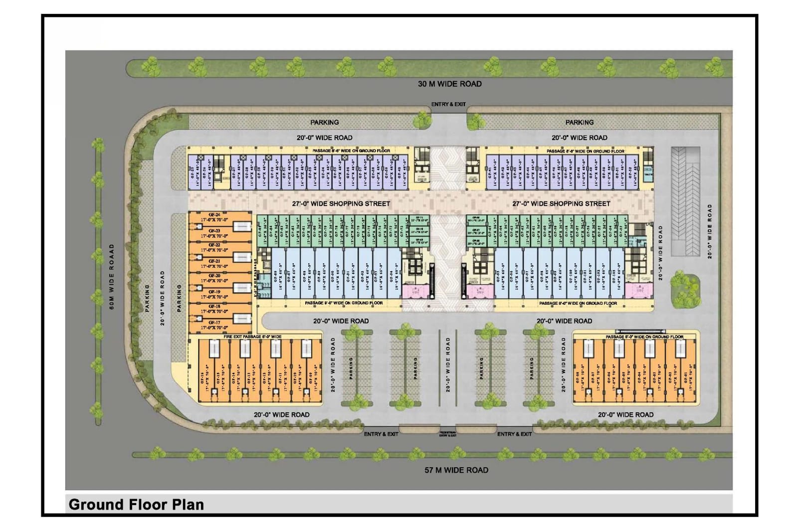 Ground floor plan of Downtown Mohali, Mohali, showing showrooms, the 27-ft shopping street, shops and parking between a 30 m road and a 57 m road