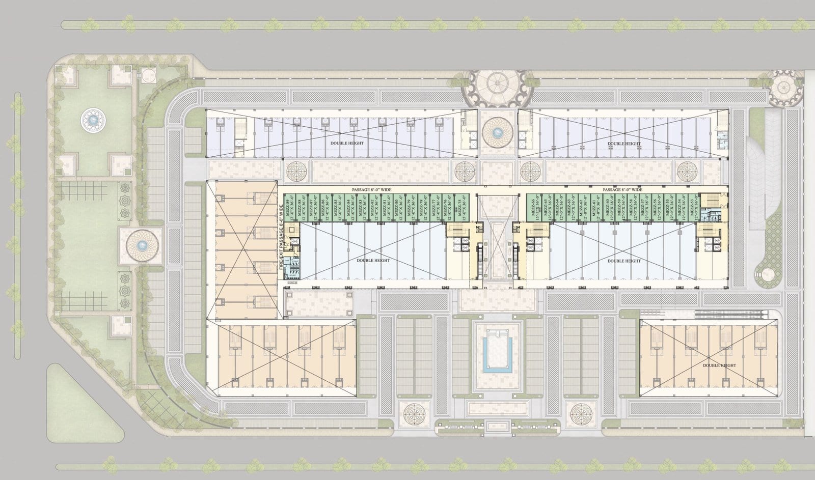 Floor plan of the mezzanine level of Downtown Mohali, showing mezzanine shops of 12 ft × 36 ft and the double-height showrooms
