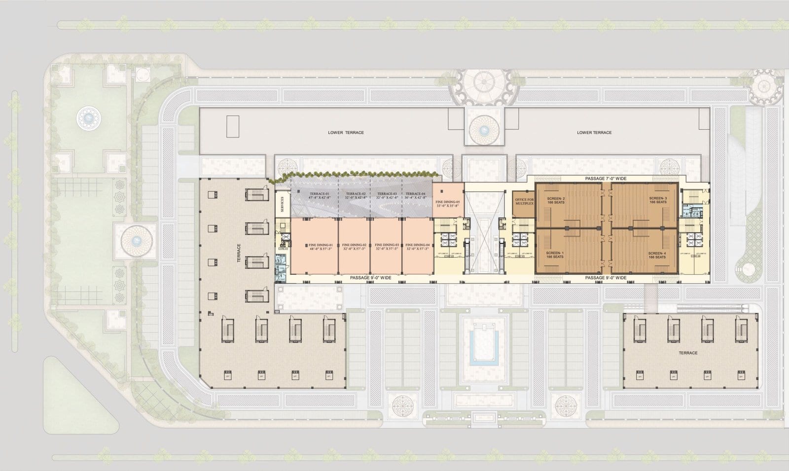 Floor plan of the fine-dining and multiplex level of Downtown Mohali, with fine-dining spaces, terraces and four cinema screens