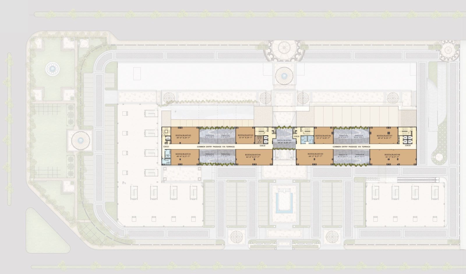 Floor plan of the restaurant level of Downtown Mohali, with eight restaurant spaces, terraces and deck seating
