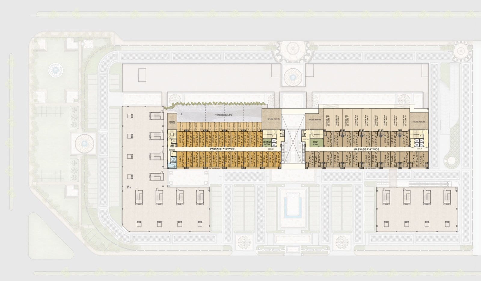 Floor plan of an office level of Downtown Mohali, with office and SoHo units along a central passage