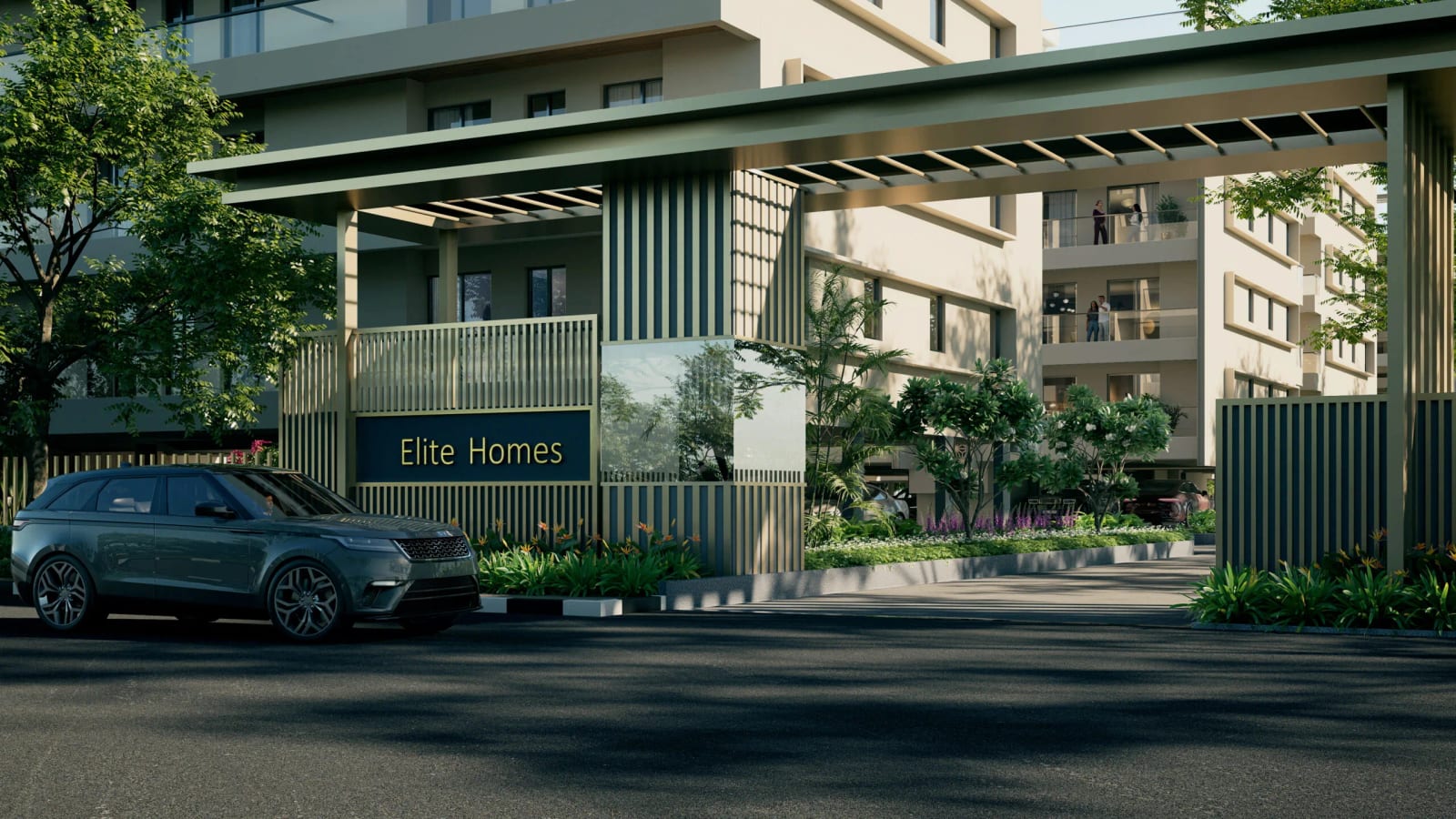 Artist's impression of the entrance gate of GMI Elite Homes, NH-205A, Banur, with an "Elite Homes" sign