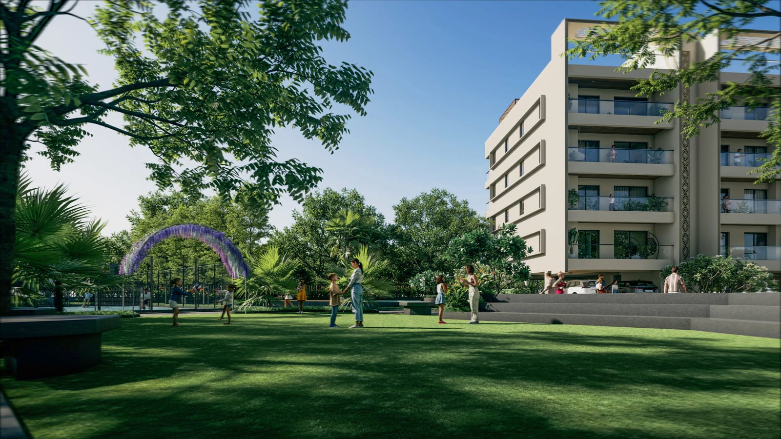 Artist's impression of the park at GMI Elite Homes, Banur, with lawns, a flower arch and a building beyond