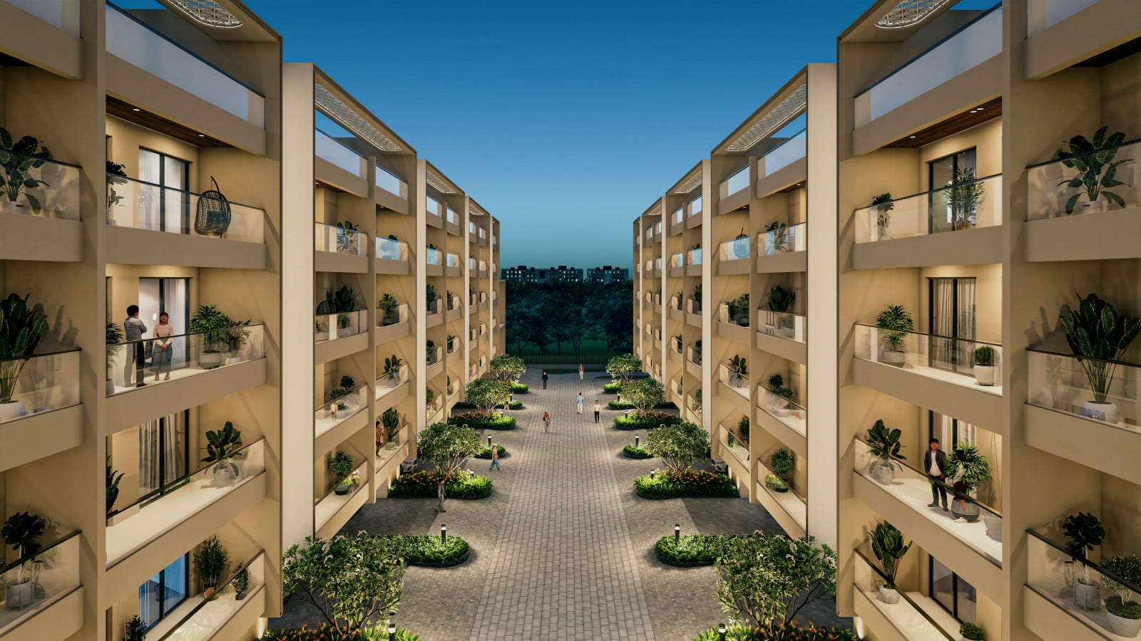 Artist's impression of the landscaped walkway between two rows of buildings at GMI Elite Homes, Banur, at dusk
