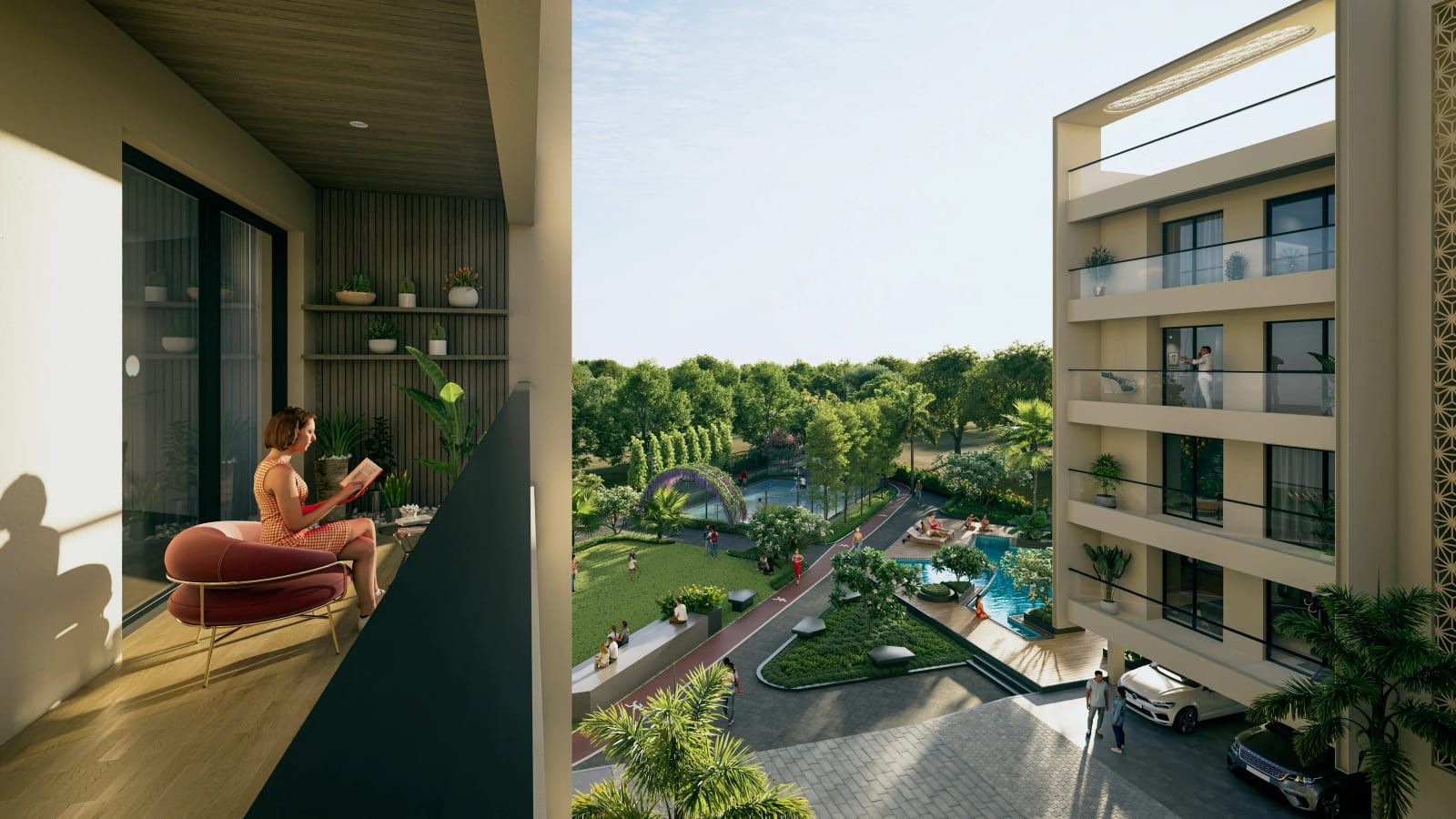 Artist's impression of a balcony view at GMI Elite Homes, Banur, looking over the landscaped central area