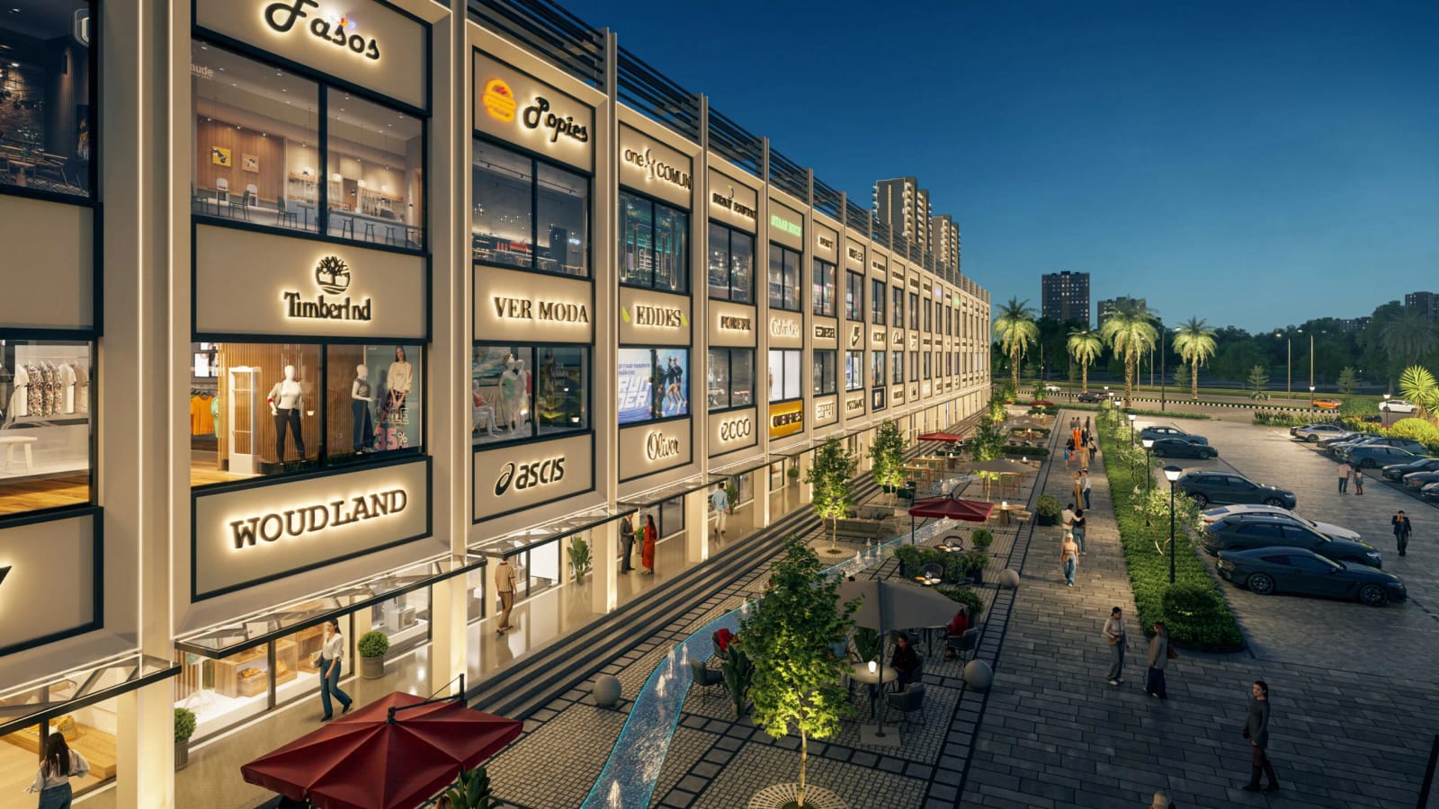 Artist's impression of the showroom frontage and walkway at GMI Platinum Square, Banur, with cafe seating and parked cars