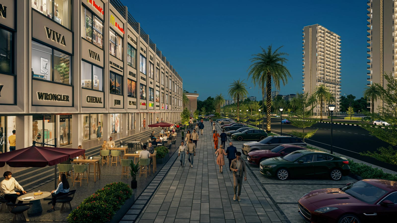 Artist's impression of the pedestrian walkway along the showrooms at GMI Platinum Square, Banur, with parking alongside