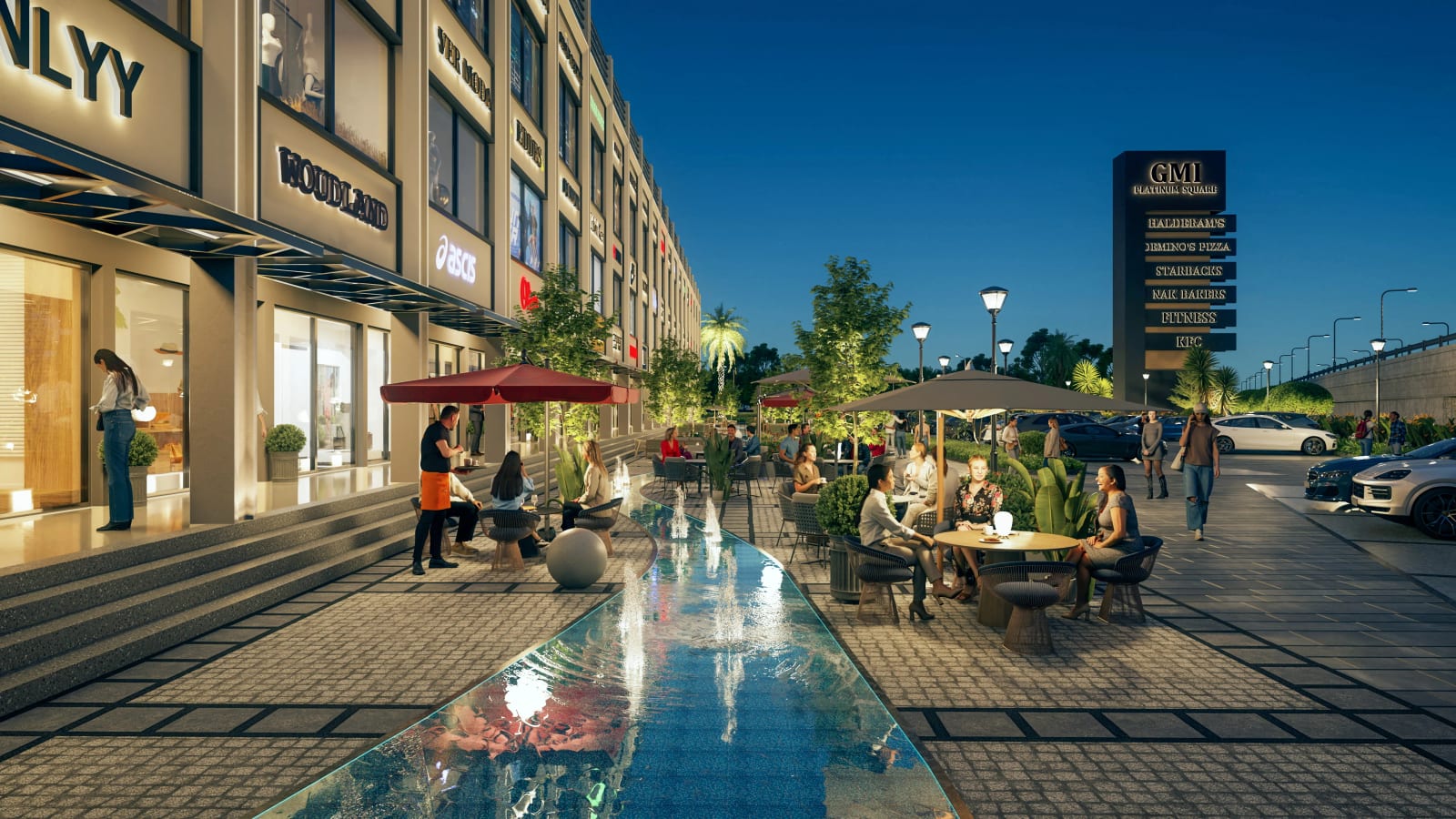 Artist's impression of the plaza at GMI Platinum Square, Banur, with a water channel, outdoor seating and a project signboard
