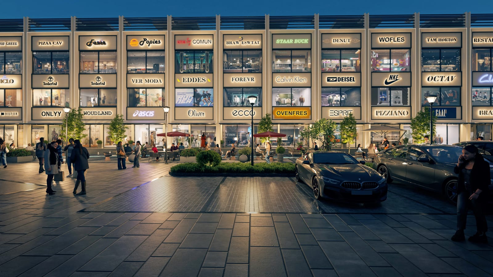 Artist's impression of the showroom fronts at GMI Platinum Square, Banur, with illustrative shop signs