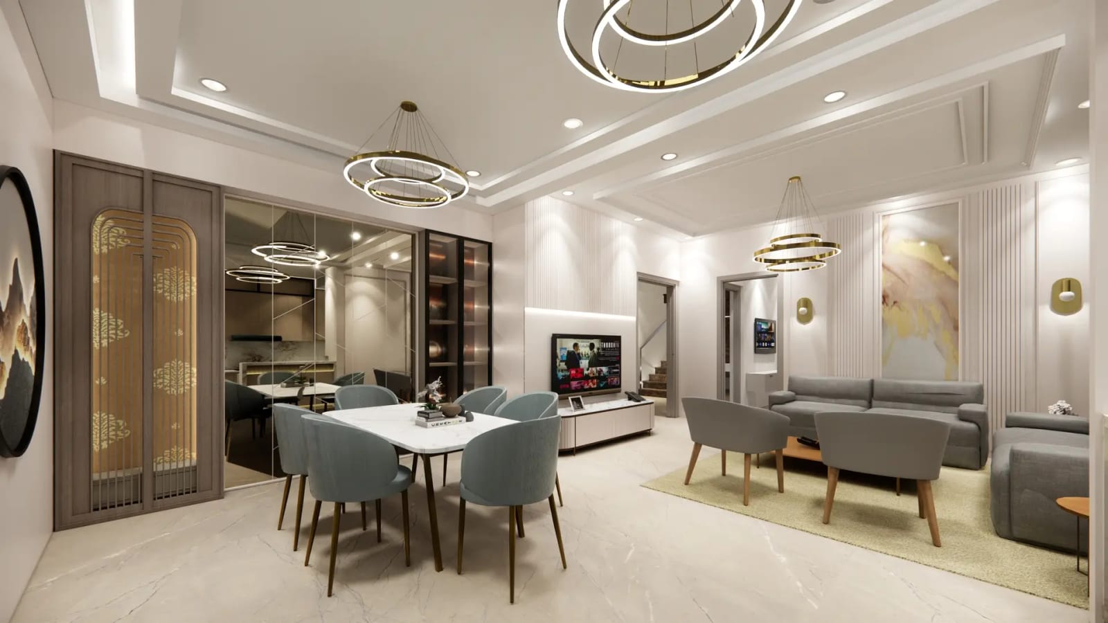 Interior render of a Golden Castle apartment in Zirakpur showing the dining table, ring chandeliers, TV unit and sofa seating.