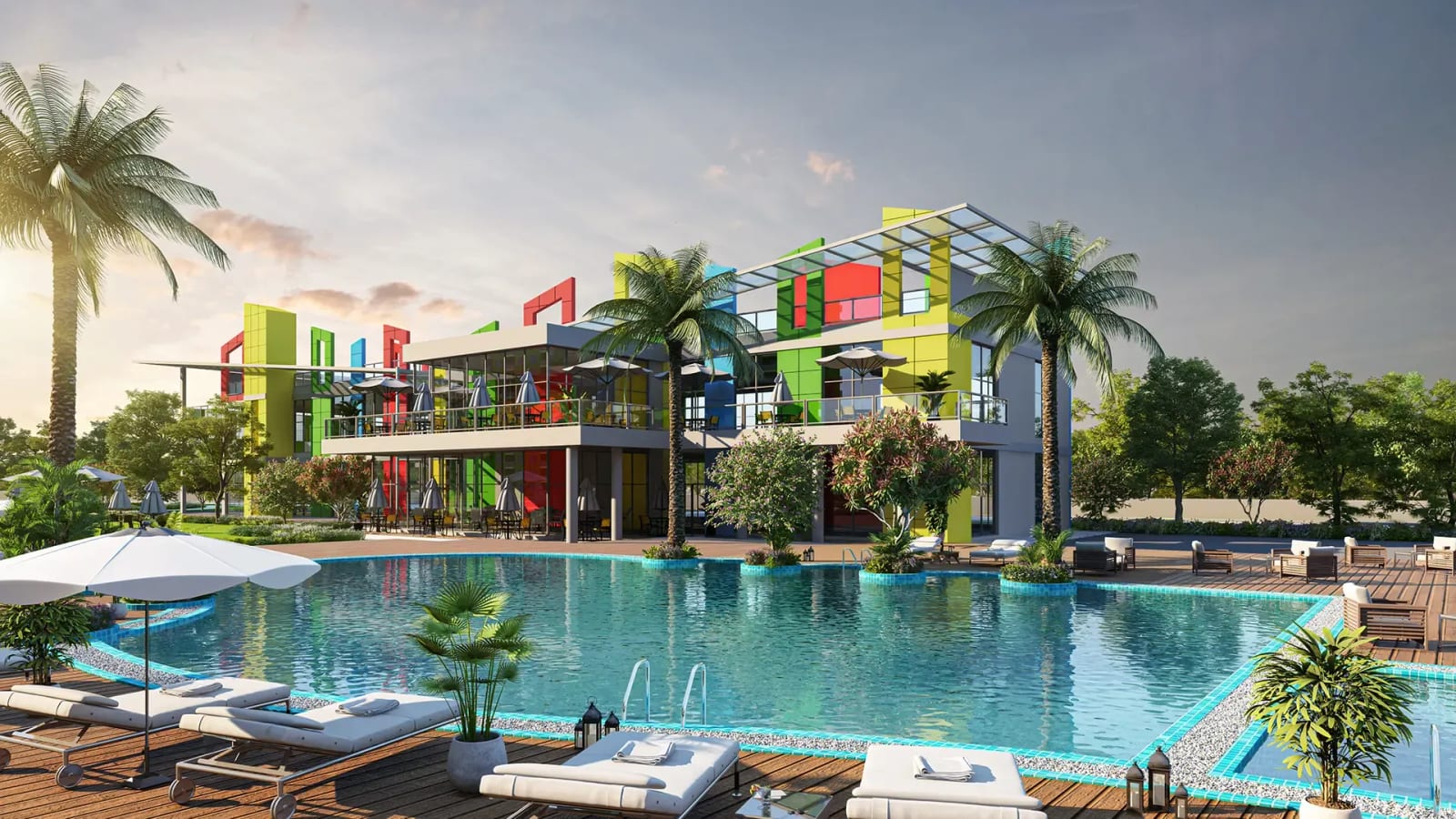 Artist's impression of the pool club at Hero Homes Mohali Phase 3, with a swimming pool and sun deck