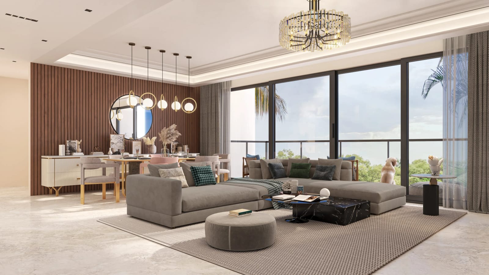 Artist's impression of the living and dining room of a Phase 3 4 BHK + study home at Hero Homes, Sector 88, Mohali