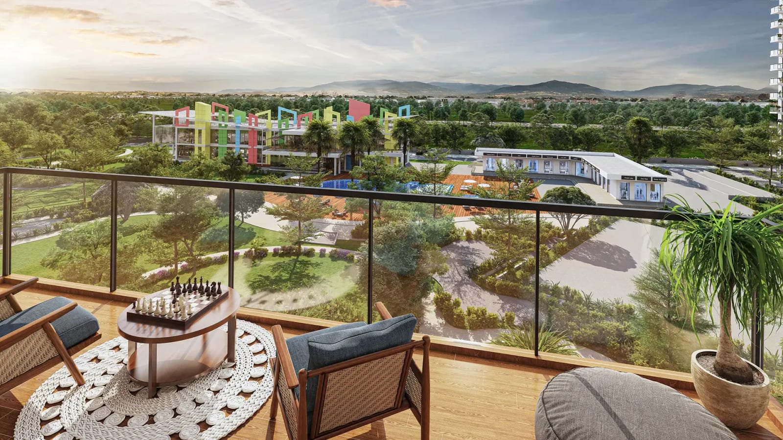 Artist's impression of a Phase 3 balcony at Hero Homes, Sector 88, Mohali, looking over the township greens and clubhouse