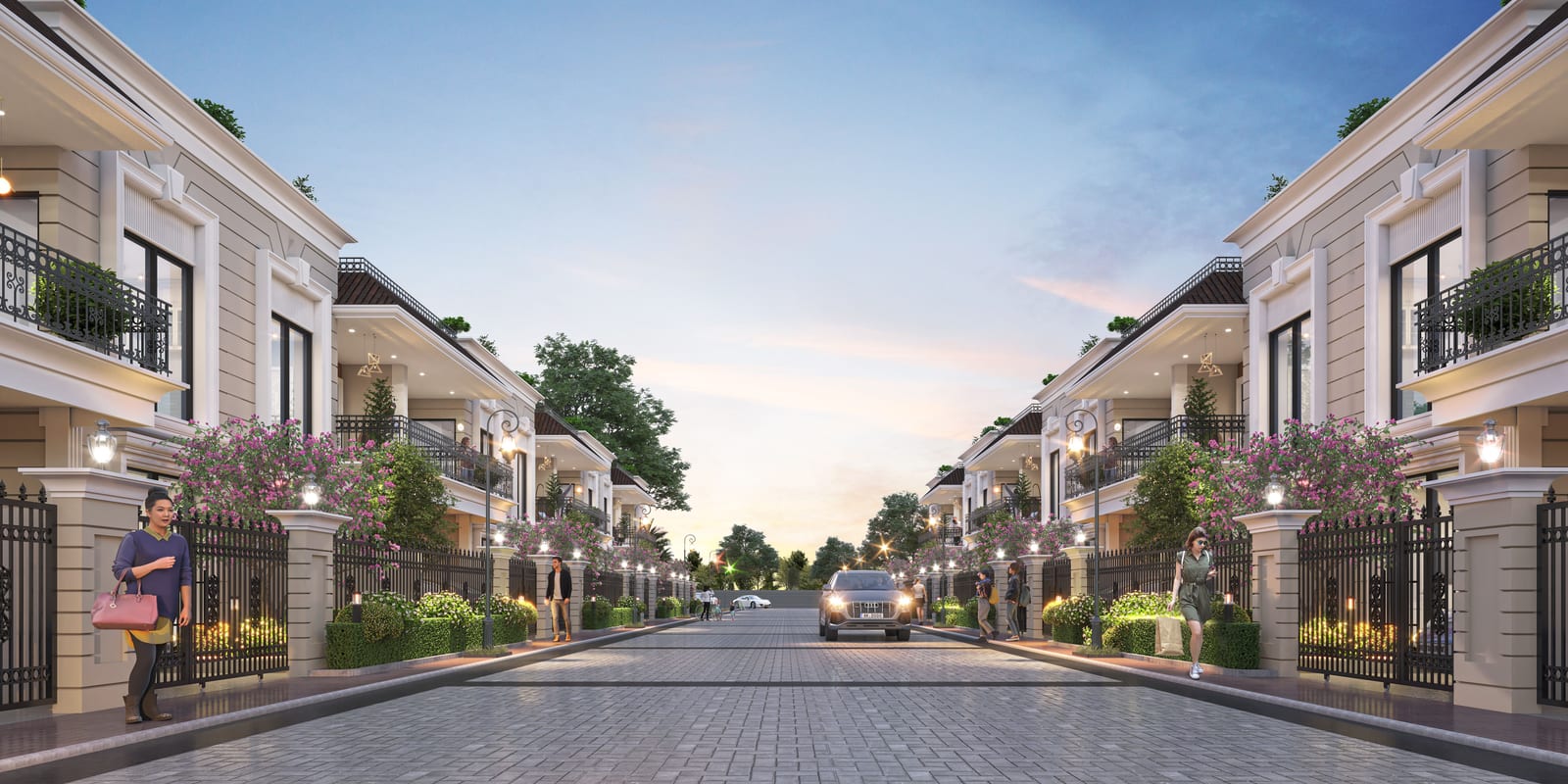 Artist's impression of an internal street at Highland Luxuria, Zirakpur, lined with two-storey villas on both sides