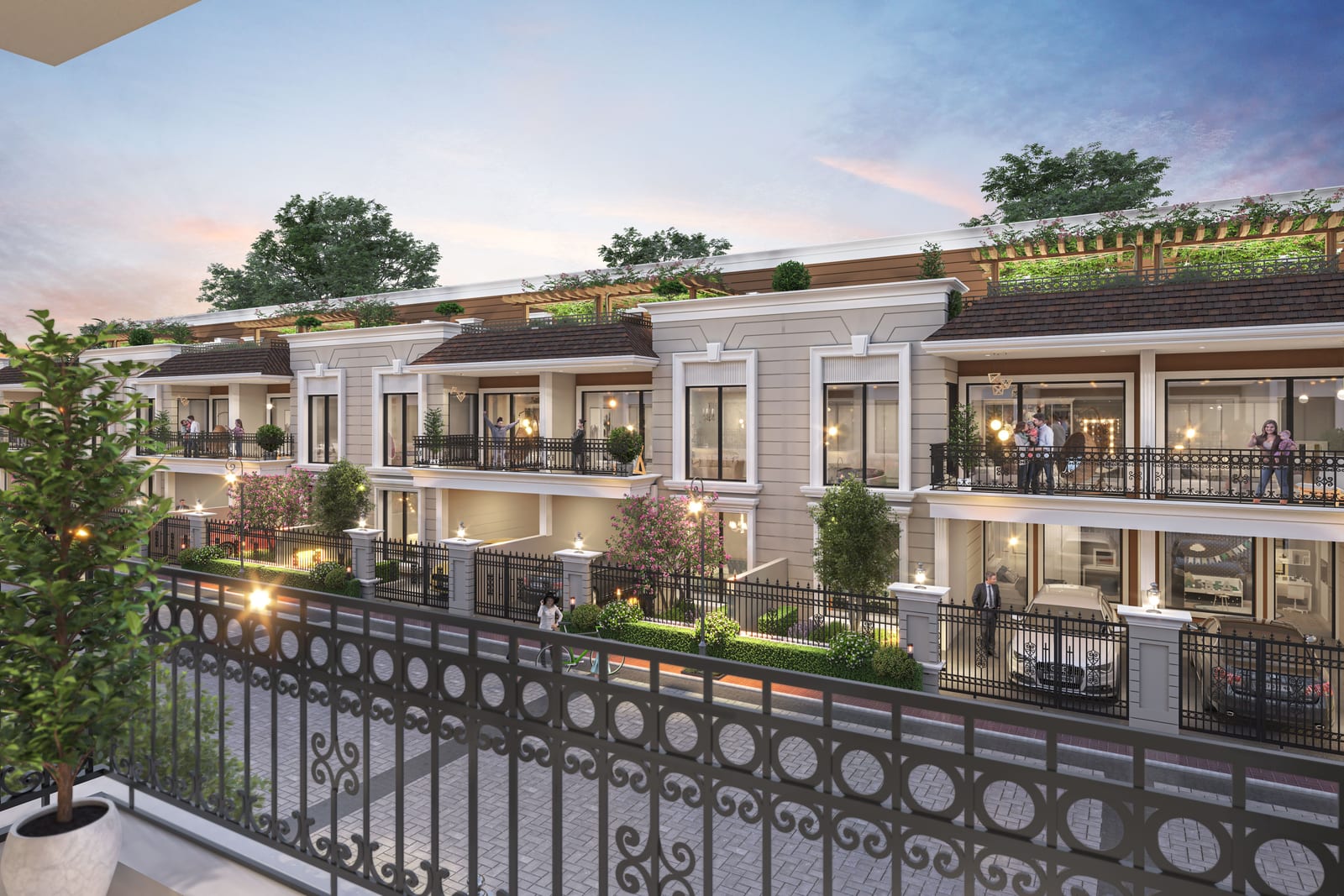 Artist's impression of Highland Luxuria villas with rooftop terraces, seen from a balcony across the street