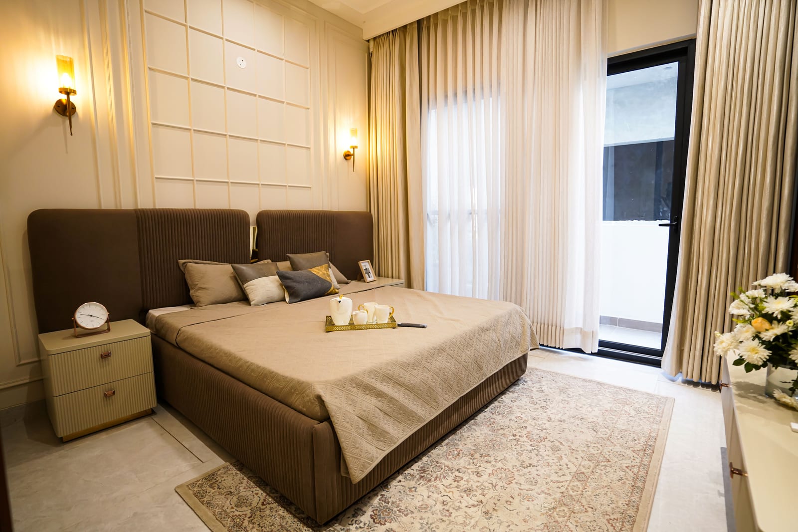 Photo of a furnished bedroom in the Highland Luxuria sample villa, Zirakpur