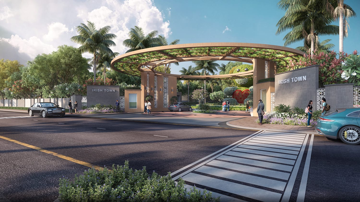 Artist's impression of the entrance gate of Irish Town, Banur, with a circular pergola canopy and Irish Town name walls