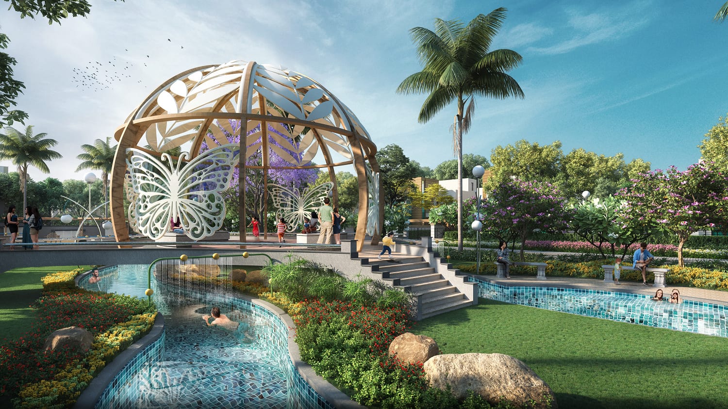 Artist's impression of the dome pavilion with butterfly screens above the lazy river at Irish Town, Banur