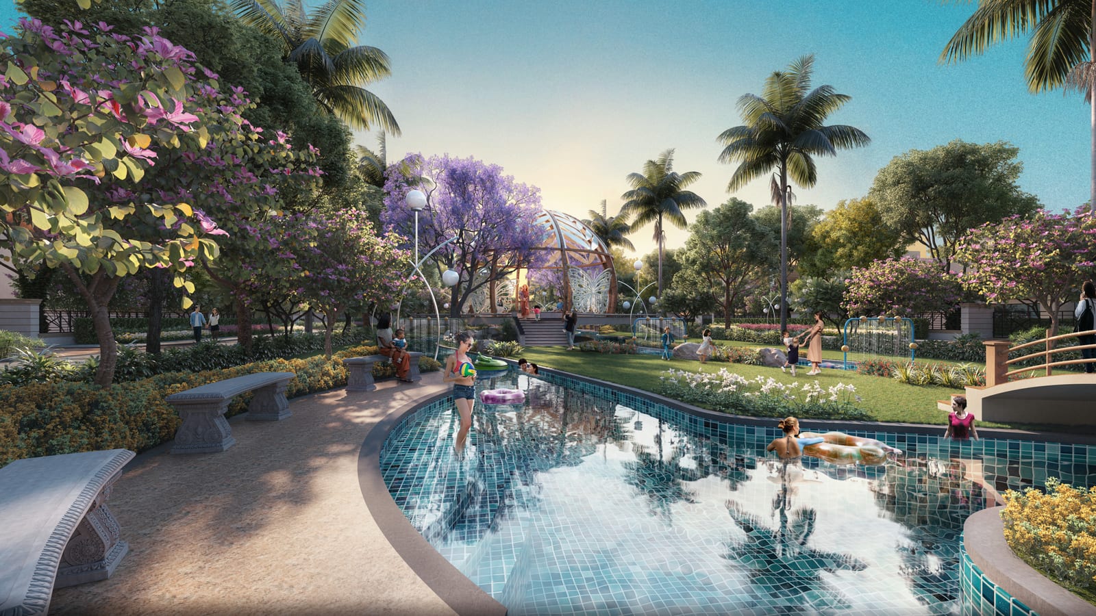 Artist's impression of a stretch of the lazy river at Irish Town, Banur, with stone benches, flowering trees and the dome pavilion behind